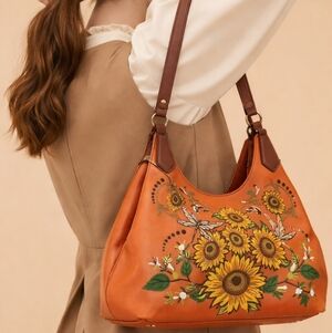 Sharif Orange Embroidered Sunflower Floral Shoulder Bag